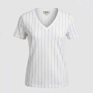DKNY White V-Neck Short Sleeve Pinstripe Tee